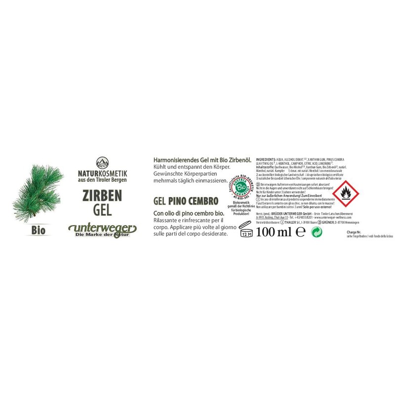 Unterweger Organic pine oil gel, 100 ml, cools and loosens