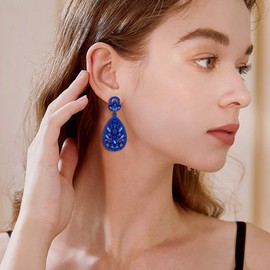 EleQueen Women's Wedding Bridal Austrian Crystal Bohemia Teardrop Chandelier Dangle Earrings Royal Blue Color Blue-Tone