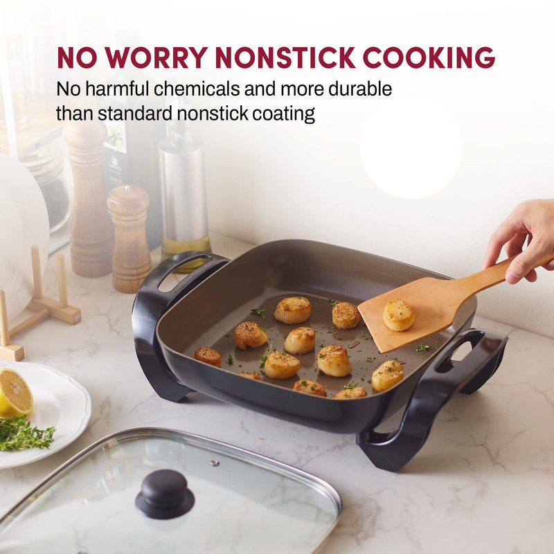 Elite Gourmet EG3033 12"x12"x2.35” Healthy Ceramic with Titanium Coated Scratch