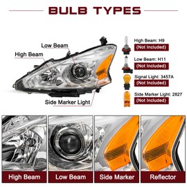 JSBOYAT Halogen Headlight Assembly Replacement for 2013 2014 2015 Nissan Altima 4-Door Sedan Projector Headlamp Chorme Housing with Amber Reflector Driver Passenger Side