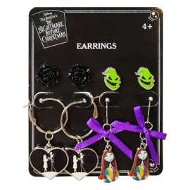 Jack Skellington Gothic Jewelry 4 Hypoallergenic Earrings for Girls 2 Stud Earrings 2 Fishhook Fun Earring Sets with Charms One Size Fits All Girls Earrings The Nightmare Before Christmas Gifts Age 4+