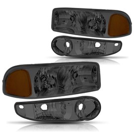 PM PERFORMOTOR Headlights Assembly Compatible with 2001-2007 GMC Sierra 1500/2001-2006 GMC Yukon Denali, 4Pcs Headlamps+Signal Lamps with Chrome Housing Smoked Lens Amber Corner