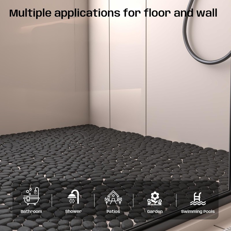 Adolif Pebble Tile for Shower Floor, Black Pebble Mosaic Backsplash