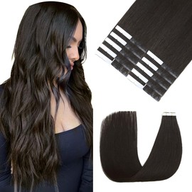 Sindra Tape-In Extensions, Real Human Hair, Natural Black, 20 Pieces, 50 g, 45 cm, Invisible Tape-In Extensions, Real Hair, Remy, Silky Straight, Skin Weft, T#1B, 18 Inches