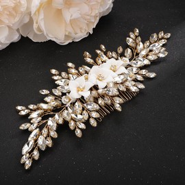 Teyglen Flower Bridal Hair Comb Crystal Wedding Hair Side Comb Handmade Rhinestone Crystal Flower Hair Pieces Sparkly Gold Silver Crystal Headpieces Hair Accessories for Women Bride Flower Girls (Gold)