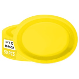 50Pcs Yellow Solid Color Large Oval Paper Plates 12 x 10 Inch