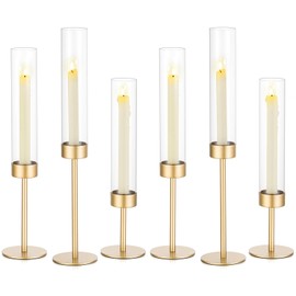 Romadedi Glass Hurricane Candlestick Holders Gold Set of 6 Taper Candle Holder Bulk Tall Clear Glass Cylinder Table Centerpiece Wedding Decor Party Birthday Christmas Home Decorations