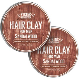 Viking Revolution Sandalwood Hair Clay – Strong Hold & Matte Finish, Texturizing Hair Clay for Men – Beeswax, Jojoba Wax & Vitamin E – Effortless Styling with Sandalwood Scent (2 pack, 2oz each)