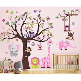Kids Pink Jungle Theme Peel & Stick Girl Nursery Wall Decal, Colorful Owl Giraffe Lion Tree Decorative Sticker for Baby Bedroom, Playroom Mural