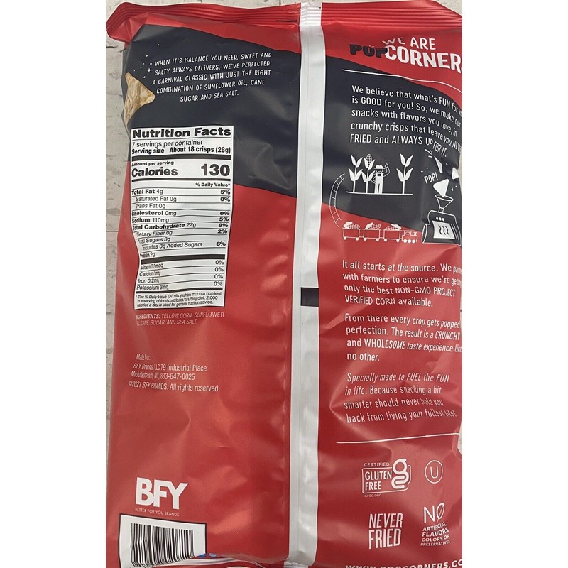 Popcorners KETTLE CORN Popped Corn Crisps Snacks 7 oz Bag