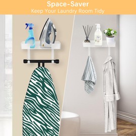 JUYSON Ironing Board Holder Wall Mount, Iron Board Storage Hanger for Laundry Rooms, Iron and Ironing Board Set Holder (White-with Shelf)