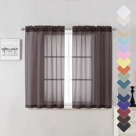 Lecloud Sheer Curtains 45 Inch Length 2 Panels Set, Chocolate Solid Voile Rod Pocket Curtain Drapes for Small Windows, Modern Tulle Curtains for Bedroom Bathroom Basement, Each Panel 42 X 45 Inch