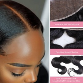 Flooyeer SKINLIKE Real Frontal HD Lace 13x4 Ear to Ear Lace Frontal 12 Inch Body Wave 0.1mm Ultra-thin HD Lace Closure Pre Plucked Hairline Human Hair Bleached Single Knots Natural Color