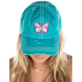 Funky Junque Women's Distressed Beach Baseball Cap with Embroidered Bad Hair Day or Happy Camper Patch - Butterfly Hearts - Turquoise