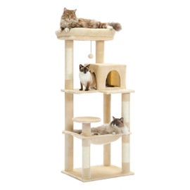 MUTTROS Cat Tree for Large Cats Adult with Metal Plush Big Hammock, 56.3" Cat Tower with 2 Door Condo House, 6-Tier Cat Shelves with Scratching Posts and Large Top Perch, Beige