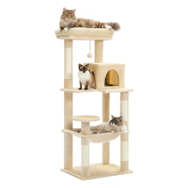 MUTTROS Cat Tree for Large Cats Adult with Metal Plush Big Hammock, 56.3" Cat Tower with 2 Door Condo House, 6-Tier Cat Shelves with Scratching Posts and Large Top Perch, Beige