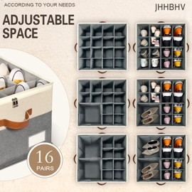 JHHBHV 2 Pack Shoe Organizer for Closet, Adjustable Shoe Box Storage Containers, Large Foldable Shoe Bins with Clear Cover, Space Saving Shoes Holder with 4 Handles, Fits 8-16 Pairs, Beige