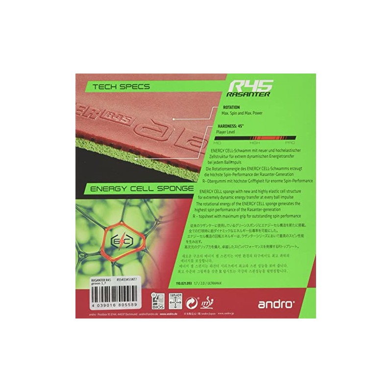andro 110021093 Table Tennis Rubber Razantar R45 Soft Back UM