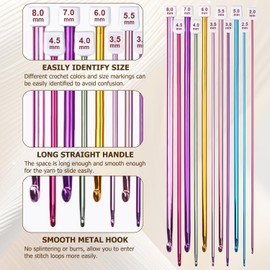 WANDGU Colourful Tunisian Crochet Hooks: Pack of 12 Tunisian Crochet Hooks with Accessories, 2.0-8.0 mm Tunisian Crochet Hook with Aluminium Rope, Knitting Tool for Weaving Baby Blanket, Pillowcases,