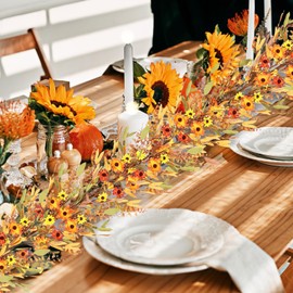 6.5 Ft Fall Leaves Daisy Vine Garlands Autumn Artificial Garland with Wildflower Sunflower Daisy Eucalyptus Garland for Thanksgiving Harvest Door Mantle Fireplace Party Table Home All Year Round Decor