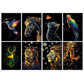 Scratch Art, Set of 8, 8 x 11.4 inches (21 x 29 cm), A4 Size, Luminous Scratch Art, Beautiful Art, Funny Coloring, Easy to Sharp, Scratch Art, Cats, Deer, Tiger, Lion, Parrot, DIY, Handmade Rainbow