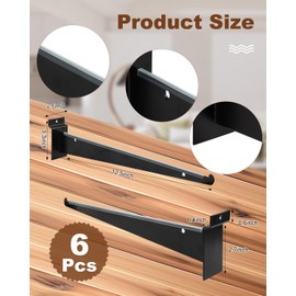 MUZIK 6PCS Slatwall Shelf Bracket, 12" Black Metal Slat Wall Shelf Brackets, Heavy Duty Shelf Slatwall Accessories for Garage Slat Panels Shelving Display