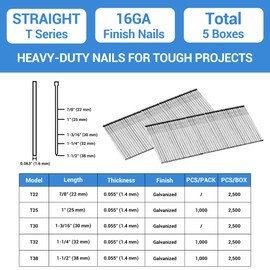 meite 16 Gauge Finish Nails, 1-1/2-Inch 16GA Straight Finish Nails Galvanized Finishing Nails for Electric or Pneumatic Nailer Guns (5 Boxes)