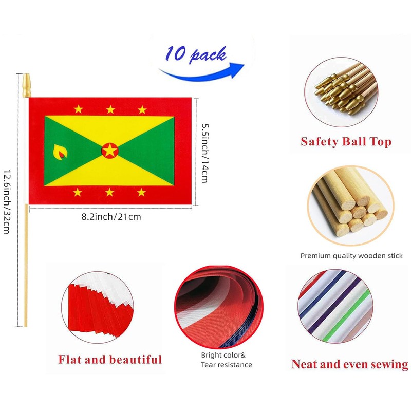 10 Pack Grenada Flags -GD Handheld Flag- 5x8 in,Grenadan Mini