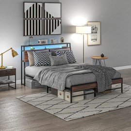HOMCOM Queen Bed Frame with Headboard, Platform Bed Frame with LED Lights, Charging Station, 3-Tier Storage Shelf, Steel Slats, Easy Assembly & Noise-Free with No Box Spring Needed, Walnut
