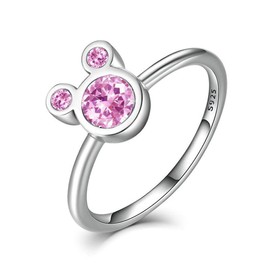 S925 Silver Plated Mouse Shape Rings with Pink Cubic Zirconia Adjustable Animal Mouse Ring for Women Girls Gifts