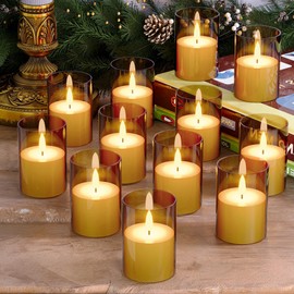 VIODAIM 12Pack Flickering Flameless Candles with Timer, LED Candles Battery Powered, Small Flameless Pillar Candles, Votive Candles Battery Operated for Wedding Party Centerpieces Table [Gold, 2"X3"]
