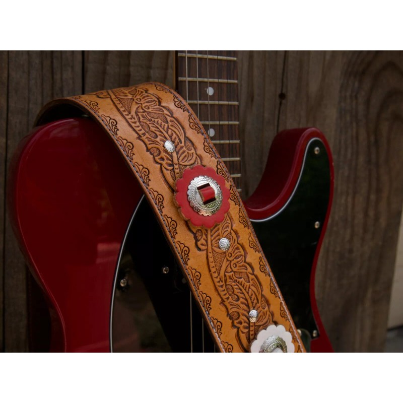 HANDMADE LEATHER GUITAR STRAP WITH CONCHOS