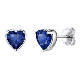 925 Sterling Silver Blue Sapphire Earrings 6mm, Womens Birthstone Jewelry Gift Hypoallergenic Dainty Cute September Birthstone Heart Earrings for Girls