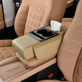 TNDCKP Car Center Console Pad Leather Armrest Pad w/Cup Holder, Tissue Box Slot, Side Bag, Phone Slot for Car Sedans (Quilted, Beige)