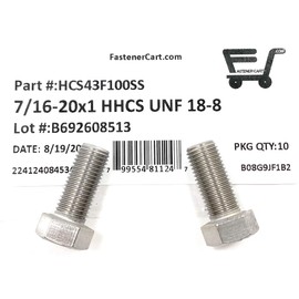 7/16-20x1 Stainless Steel Hex Cap Screws Hex Bolts 18-8 (UNF) FINE Thread - (10 pcs)