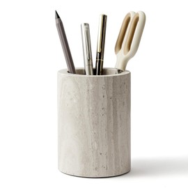 WORHE Natural Marble Pen Holder for Desk, Handcrafted Sturdy Desk Organizer with Anti-Slip Base 3.1” x 4.3” – Unique Stone Craft for Office Supplies, Makeup Brushes & Home Decor Grey (WH077)