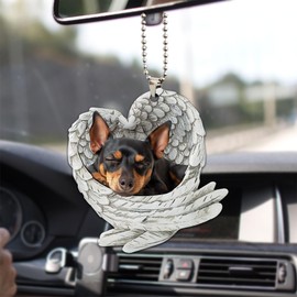 Talataca Miniature Pinscher Sleeping Angel Wing Memorial Dog 2D Flat Car Rear View Mirror Accessories Christmas Tree Ornament Decoration Hanging Charm Interior Rearview Pendant Decor Gift
