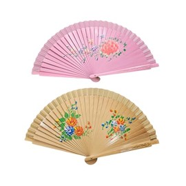 CLGIFT Floral Vintage Spanish Folding Fan Doubled-Side Flower Wood Fan for Wedding Party Decor/Dancing Hand Fan (pink and brown)
