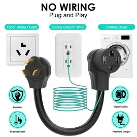 M1A2 Rental Friendly Plug and Play Dryer Adapter 4 Prong to 3 Prong 1.5FT 30 Amp with Safety Ground Wire NEMA 10-30P Male to 14-30R Female Outlet Plug Power Cord Black