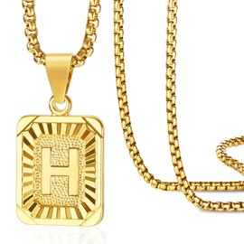 MOWOM Initial Letter Pendant Necklace for Men Women Square Pendant Capital Monogram Necklace Gold Plated A-Z Letter Pendant Necklace 22-inch Gold Initial Necklace (H)