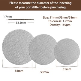 Puck Screen 53 mm, Pack of 2 1 mm/1.7 mm Thick Espresso Strainer for Portafilter, 1.7 mm Thickness 150 μm Stainless Steel Reusable Rustproof Permanent Coffee Filter