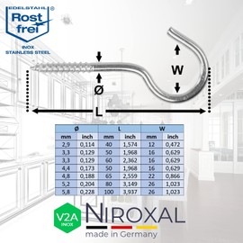 NietFullThings Screw Hooks Stainless Steel Ceiling Hook with Screw V2A Hook Screw Wooden Hooks Wall Hooks A2 Semi-Open Rustproof 2.9 mm Thickness 40 mm Length Pack of 10