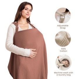Konssy Muslin Nursing Cover for Baby Breastfeeding, Breathable 100% Cotton Breastfeeding Cover with Rigid Hoop for Mother Nursing Apron, Multi-use Carseat Canopy (Chestnut)