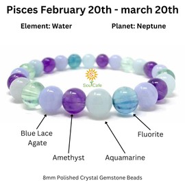 Pisces Zodiac Crystal Bracelet - Power Bead Bracelet - Zodiac Birthstones - Gift Box & Pisces Tag - Aquamarine, Blue Lace Agate, Fluorite, Amethyst