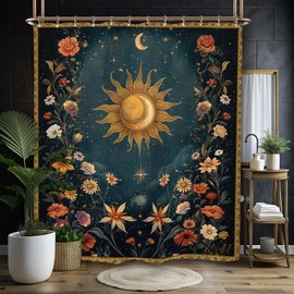 Miyotaa Celestial Sun Moon Shower Curtain Set 60Wx71H Inches Vintage Night Aesthetic Mysterious Witchy Polyester Waterproof Cloth Bathroom Curtain with 12 Hooks