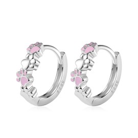925 Sterling Silver Dog Earrings for Women Small Hoops Earrings Sterling Silver Paw Dainty Huggie Hoop Earrings Puppy Hoops Cat Pet Paw Hoops Huggie Earrings (Pink)