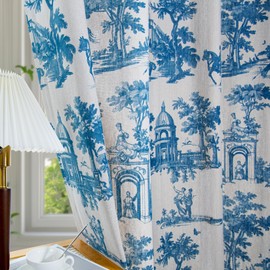 Linen Toile Curtains for Living Room 63 Inch Length 2 Panels Set Long Vintage Blue French Country Light Filtering Farmhouse Window Grommet Curtains for Bedroom Decor