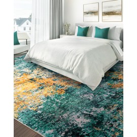 Washable Area Rug for Living Room: 6x9 Modern Abstract Neutral Soft Rug for Bedroom Dining Room No Slip Low Pile Carpet for Nursery Home Office - Teal/Orange