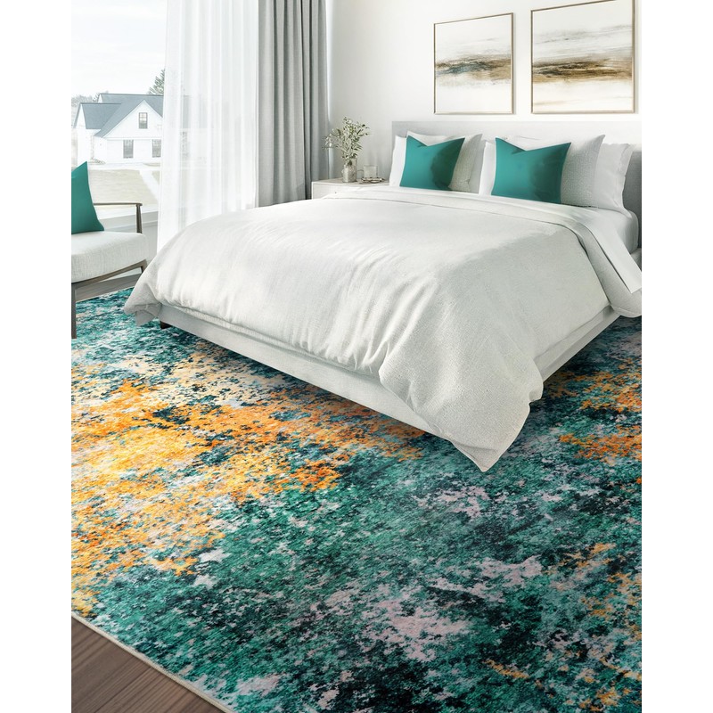Washable Area Rug for Living Room: 6x9 Modern Abstract Neutral