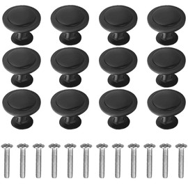 12 Pack Black Round Cabinet Hardware Knobs 1.18 Inch Flat Pulls Knob with Screws for Kitchen Drawer Dresser Cupboard Door Handles Matte Cabinets Pull Bathroom Drawers Handle Modern Pulls Handles